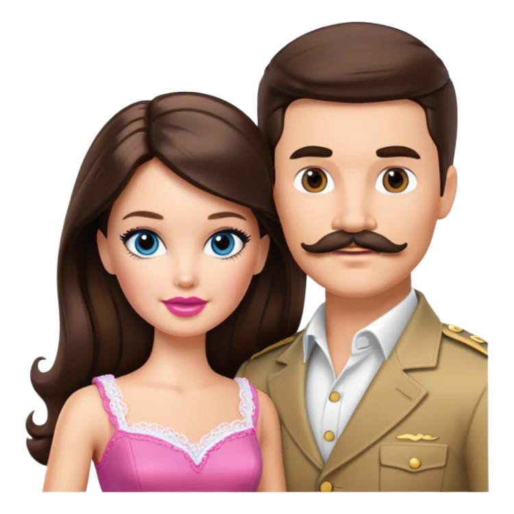 Brunette Barbie and Ken with mustache sticker