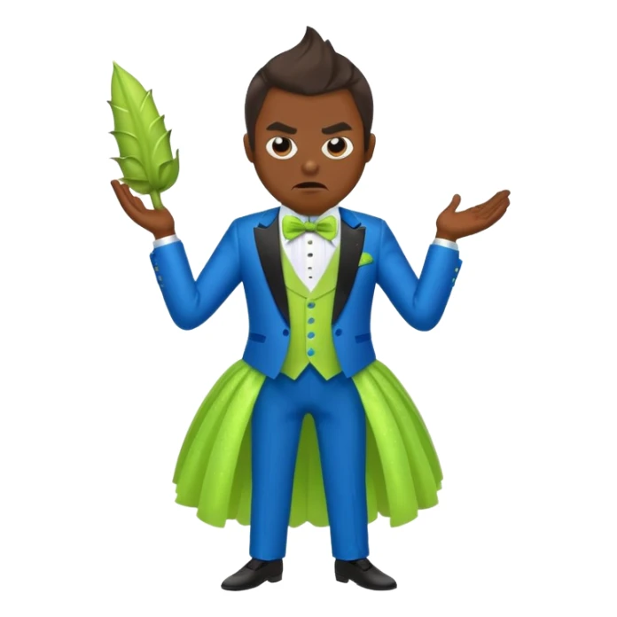 Angry blue banana fruit wearing a sparkly lime green tuxedo and tutu sticker