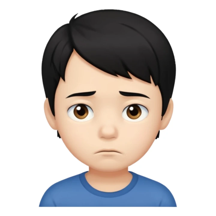 
5 year old boy, black hair, sad emoji sticker