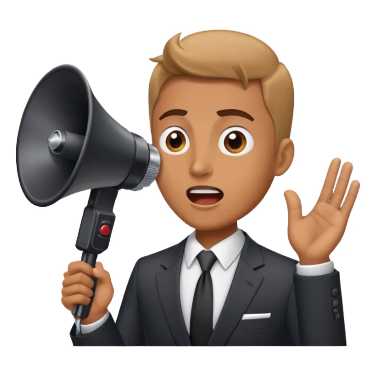 A man in a suit speaks into a loudspeaker sticker