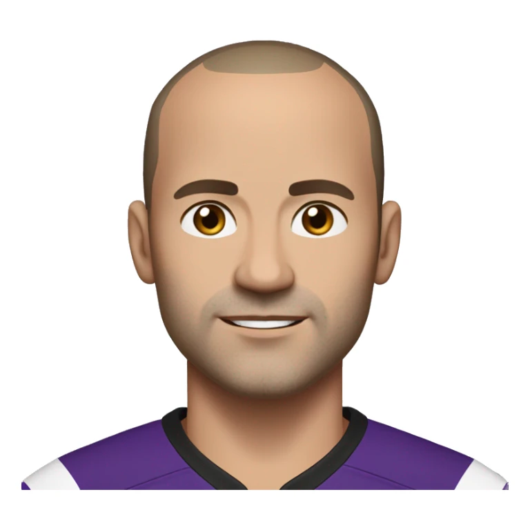 45-year-old man with a slightly round face, very short, almost shaved hair with a small central crest and a slightly receding hairline. He has brown eyes, subtle stubble, and wears a black and purple soccer jersey. sticker