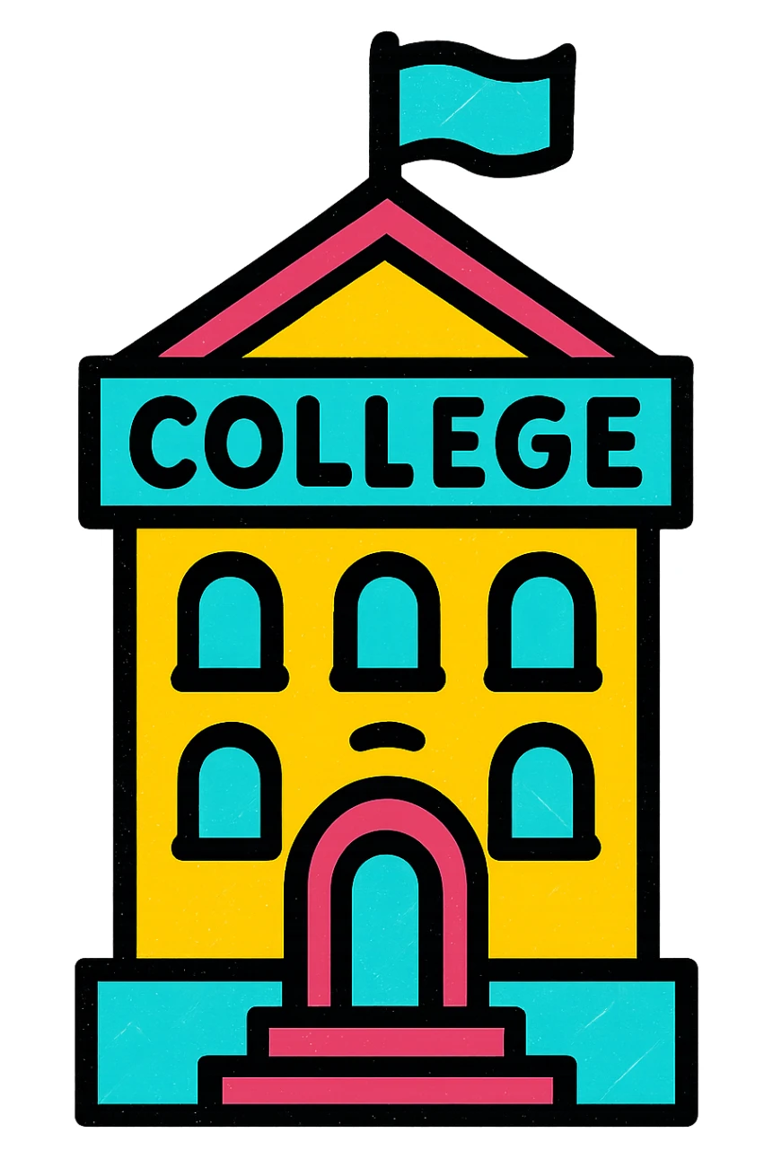 college building, professional style, green gold and white color scheme, bold and clear, suitable for digital use sticker