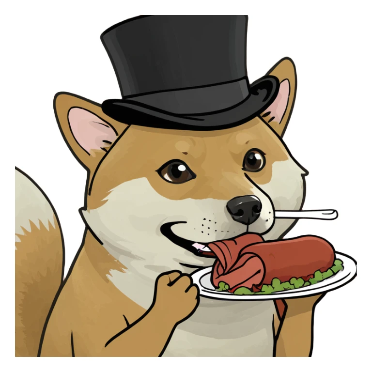 Shiba inu wearing a top hat eating a turkey leg sticker