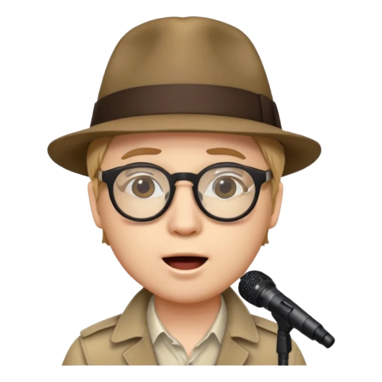 Patrick Stump from Fall Out Boy, emoji style, wearing a fedora and glasses, singing sticker