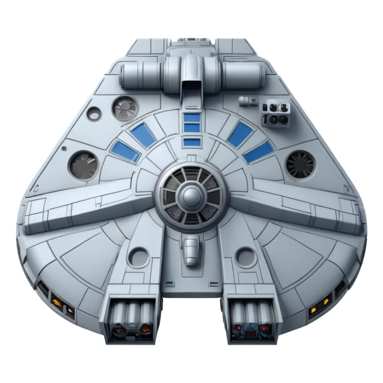 Millennium Falcon from Star Wars, emoji style, top view, many surface details, panels, antenna, circular cockpit, blue rear lights, metallic and gray tones, iconic shape sticker