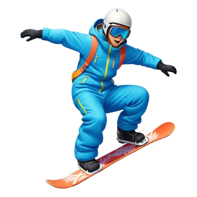 An icon featuring a snowboarder mid-jump, performing a stylish trick above a snowy mountain slope. The background showcases powdery snow, evergreen trees, and a bright blue sky. Transparent background captures the energy, skill, and thrill of snowboarding. sticker