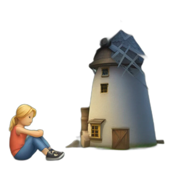 Children are sitting near the windmill sticker