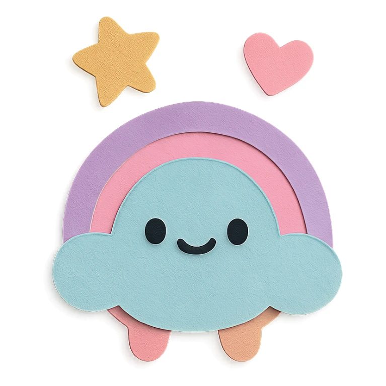 adorable pastel tiny rainbow, floating star and heart, no arms or legs, full body, kawaii paper craft style sticker