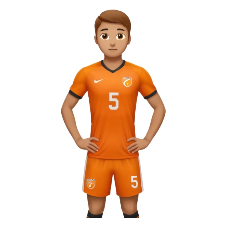 Apple iOS style 22 year old soccer player standing hands on waist, orange jersey #5, stadium lighting sticker