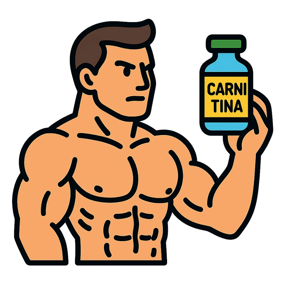 muscular bodybuilder holding a vial labeled 'CARNITINA', colorful icon style, muscular details, determined expression sticker