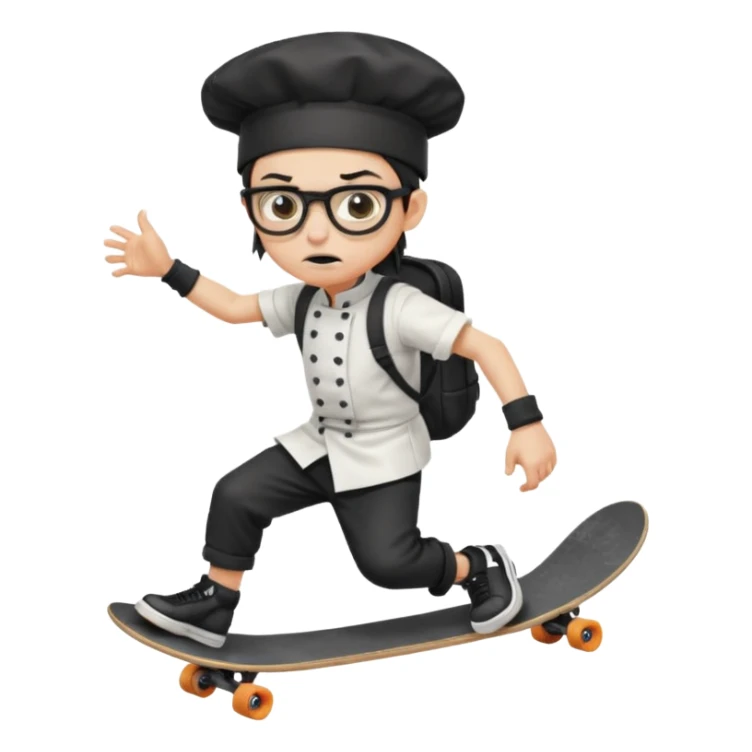 ["An angry boy , ponytail, wearing a chef hat and square glasses, dressed in goth fashion, is skateboarding while holding a backpack."] sticker