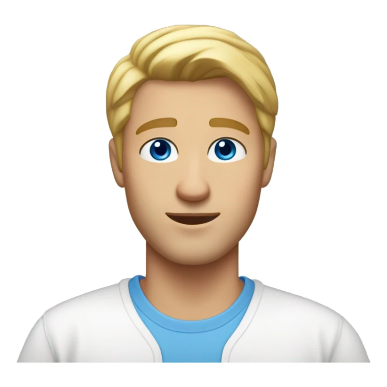 a blonde guy with middle parting blond slicked back hair in a white oversize t shirt and a nice tan and blue eye sticker