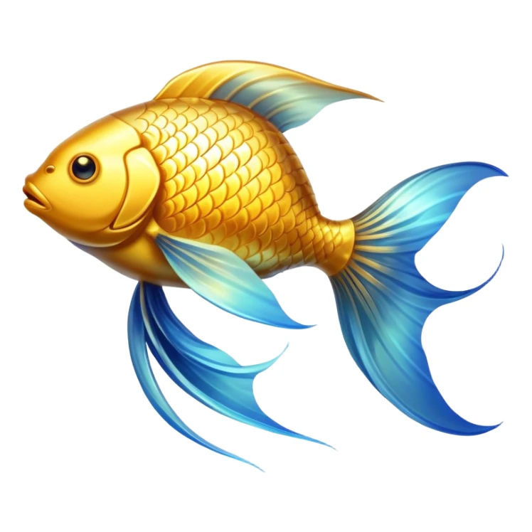 Ethereal golden fish symbol glowing with soft radiance, surrounded by a subtle blue aura. The fish has flowing, graceful lines with shimmering scales and translucent fins that appear to be moving in water. sticker