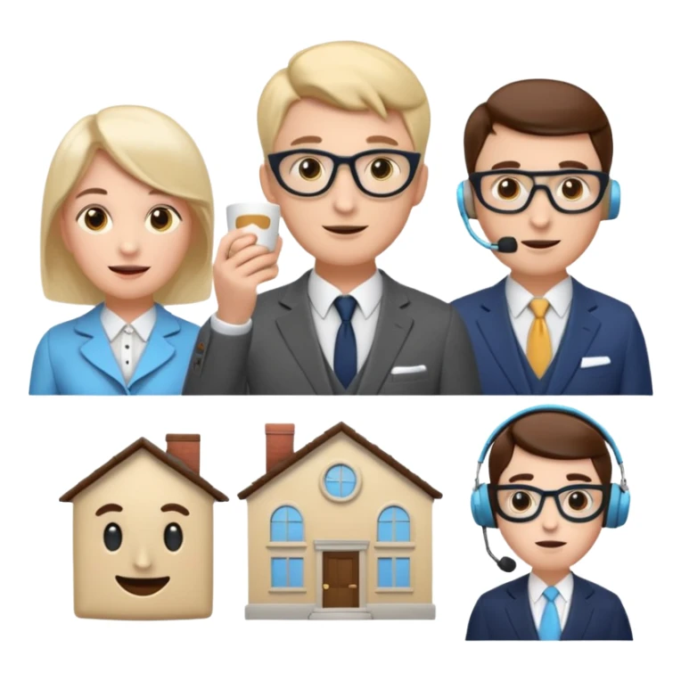 6 icons in a 2×3 grid, soft 3D emoji style, pastel colors, equal spacing, white background:
1) speech bubble
2) theatre masks
3) dynamic stopwatch
4) house + coffee + shopping bag
5) English gentleman
6) female support agent with headset
 sticker