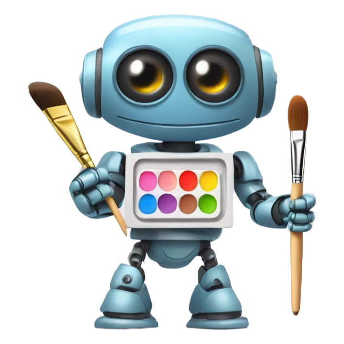 cute robot holds a palette with paints and a brush sticker