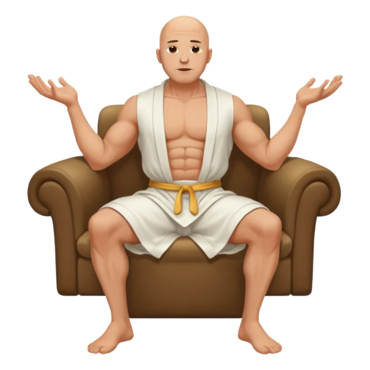 fullbody jacked bald guy, sleeveless and unbuttoned in full white robe sitting sticker