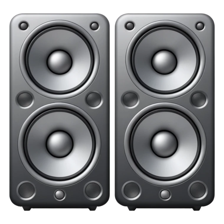 Minimal emoji icon of a modern metallic speakers, front view, detailed geometry, dark metallic body, subtle highlights, isolated sticker