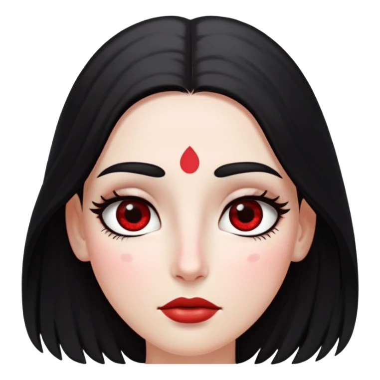 White girl with long oval shaped face, large almond shaped eyes with long eyelashes, long straight black hair falling in front of her bare shoulders, face closeup, with red and white gopi dots decorating her forehead above eyebrows sticker