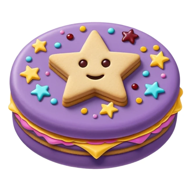 a pastel purple sandwich cookie with soft crumbly texture, a star-shaped jam cutout in the center showing glossy dark berry filling, and creamy filling with colorful sprinkles. Minimal emoji style, smooth shading, high detail, centered object, no background, sweet playful vibe sticker