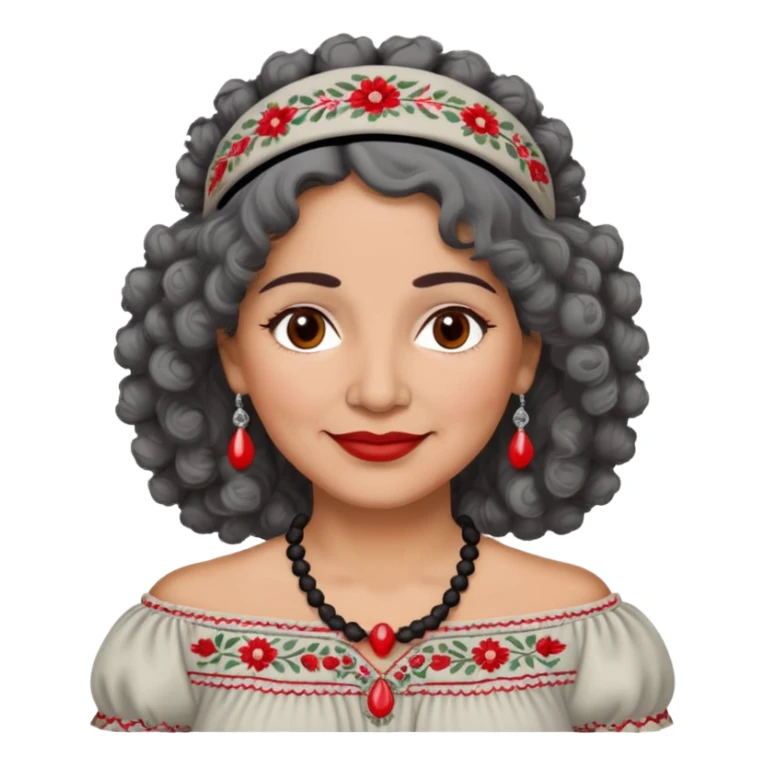 Latina woman, about 55 years old, slightly darker warm brown skin, round soft face, curly black and gray hair, red and white headband, medium eyes, thin eyebrows, gentle smile, gray peasant blouse with embroidery, bare shoulders, large dark necklace sticker