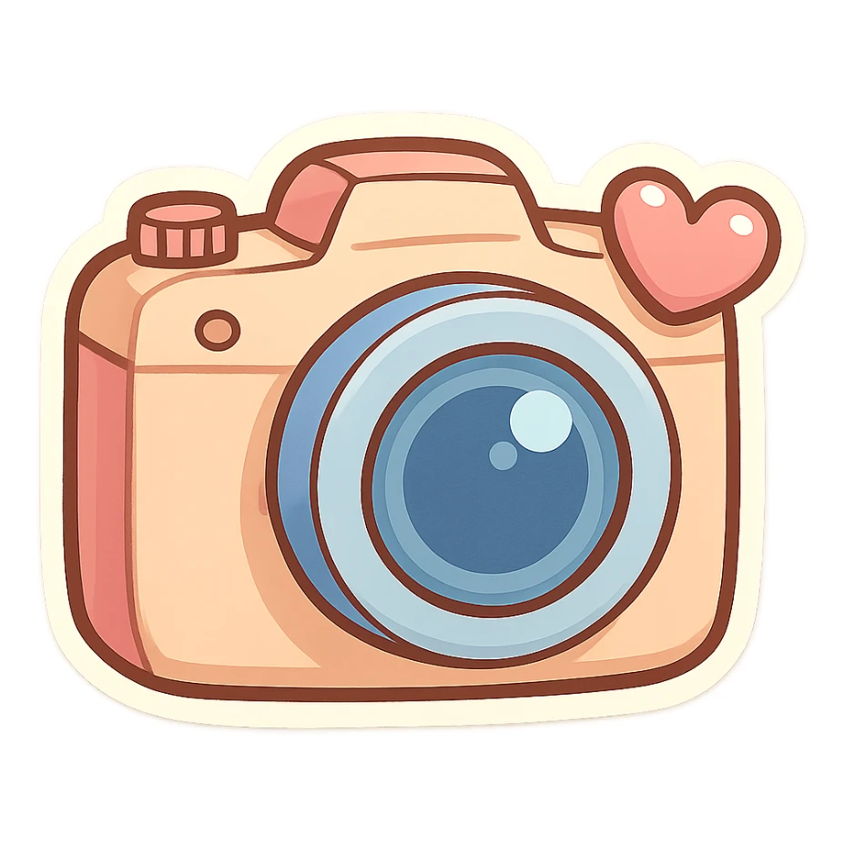 chibi sticker-style camera with a heart accent, cute and exaggerated sticker