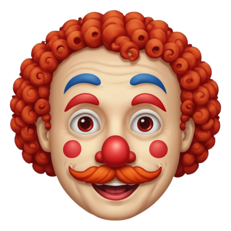 Classic clown — curly mustache, red nose sticker