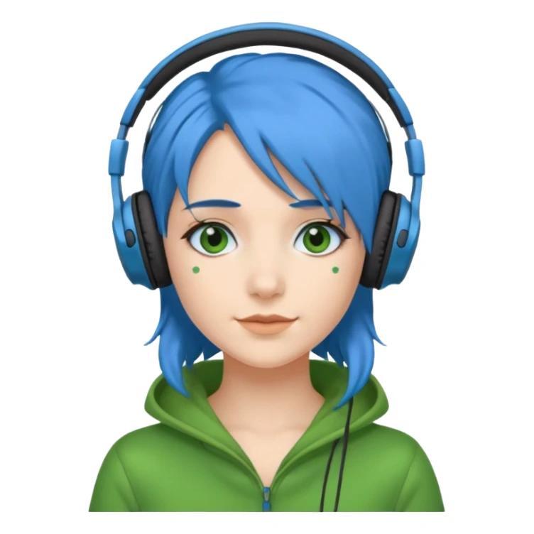 blue haired woman with headphone and green costumes  sticker