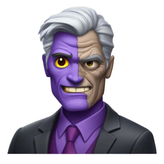 two-face, harvey dent, batman villian, right side of face purple, grey hair sticker