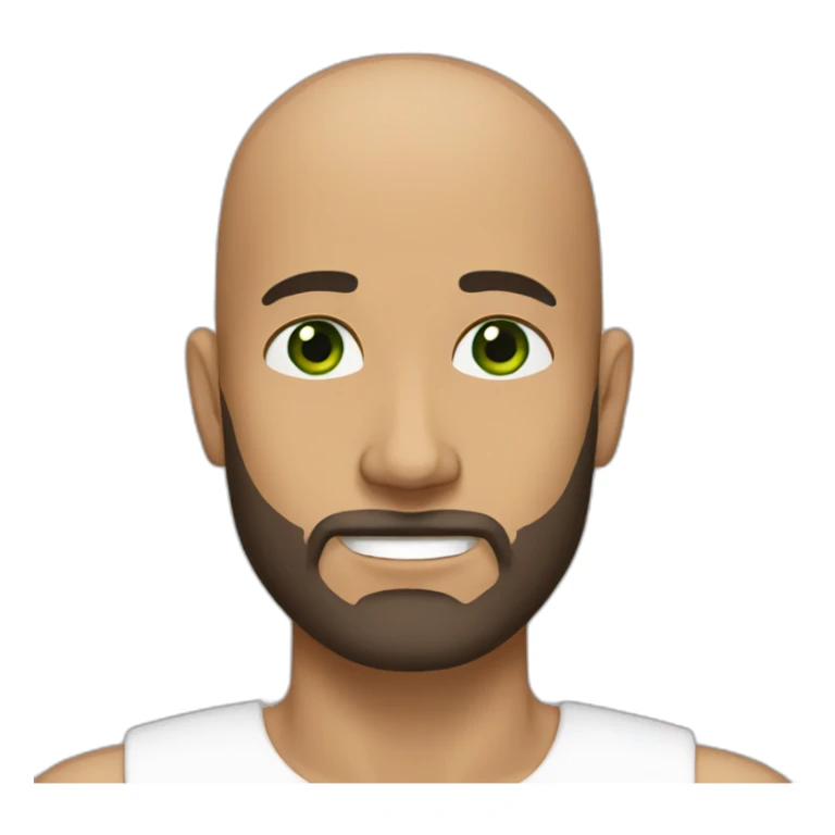 bald man with small green eyes, a square jaw, a dark brown beard, and tan skin sticker