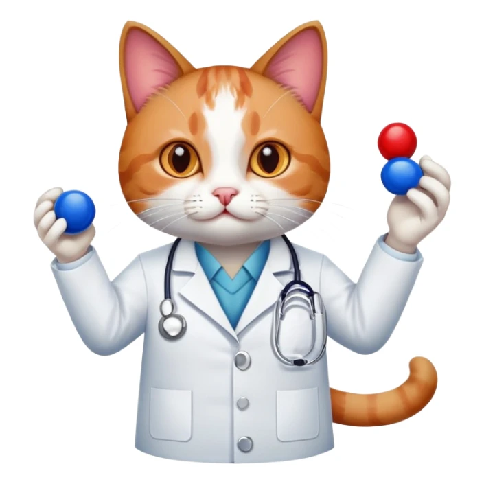 cat dressed as a doctor holding out a red and blue pill sticker