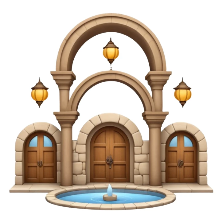 3D Apple-style emoji of a full traditional Turkish han. Rounded stone building with arched wooden doors and windows, small courtyard, fountain, arches, and hanging lanterns. Glossy, smooth, soft shadows, clean white background.






 sticker