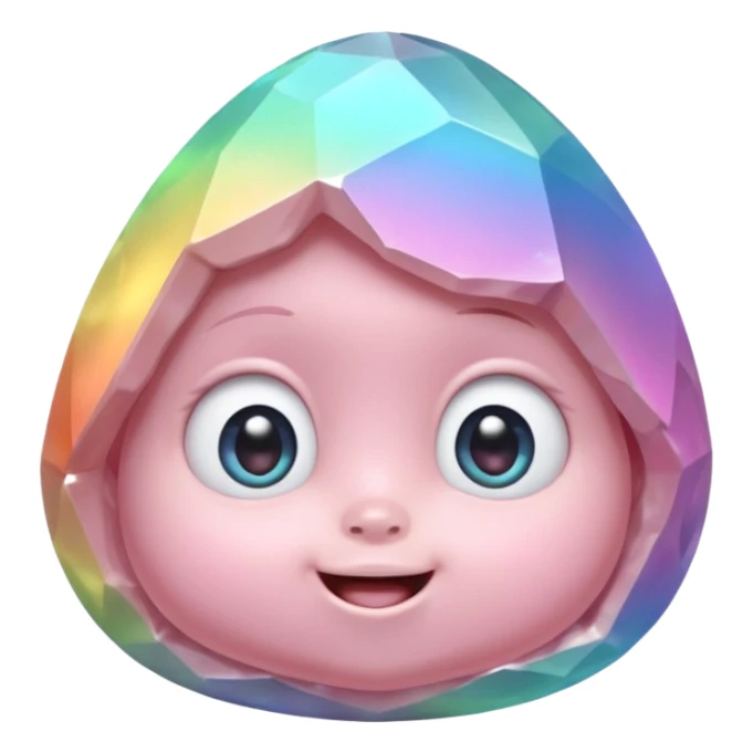One pastel rainbow quartz rock baby character, small round faceted head, smooth but clearly rock-like, soft iridescent reflections, huge eyes and tiny smiling mouth, 3D render, high detail, plain dark background, no extra objects sticker