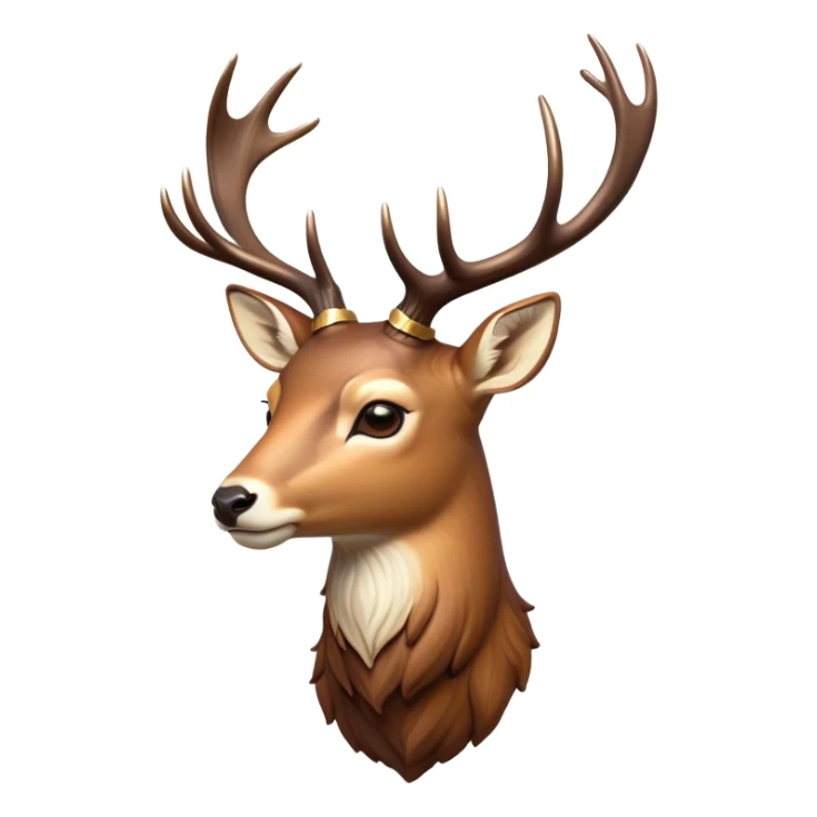 Cinematic Noble Deer Portrait Emoji, Poised and regal, with a graceful, slender build and a dappled Fur of warm browns and creams, elegant antlers crowning its head, deep-set soulful gentle eyes, Simplified yet sharp and sophisticated features, highly detailed, glowing with a soft, dignified glow, high shine, intelligent and serene, stylized with an air of forest majesty, focused and attentive, soft glowing outline, capturing the essence of a watchful woodland guardian, so majestic it feels as though it could gracefully leap out of the screen with effortless authority! sticker