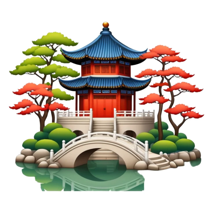 Suzhou classical garden with pavilion, simplified emoji style with bold outlines and bright colors, cartoon style traditional Chinese garden sticker