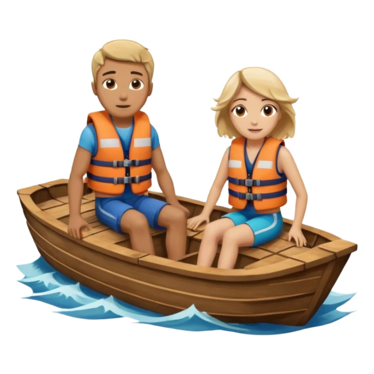 a wood boat upside down, with 2 people sitting on top trying to stay afloat. sticker