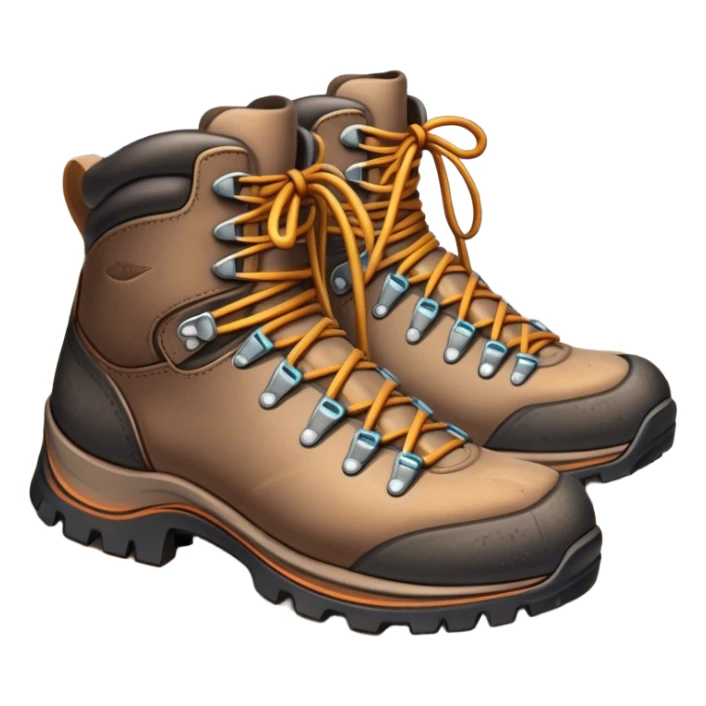 Cinematic Realistic Hiking Boots, well-worn leather boots resting on a rocky trail, scuffed edges and dirt-speckled laces adding character, glowing softly under the dappled sunlight filtering through the trees. sticker