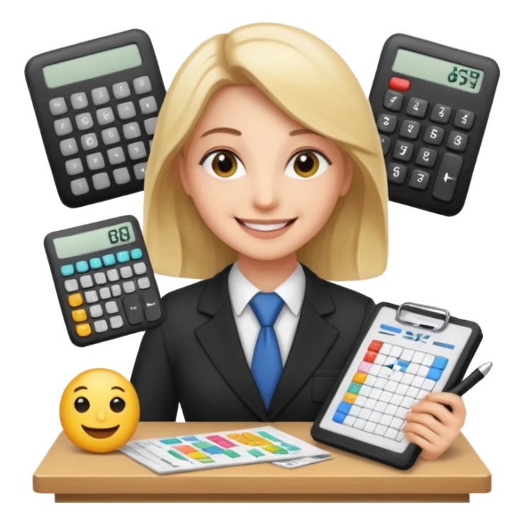 aUDITOR smiling with spreadsheet and a calculator, emoji, ADD A puzzle and a Balance for accounting sticker