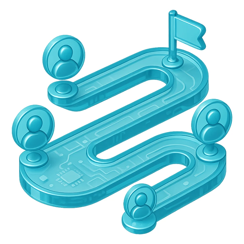 Flat icon of a winding path with user avatars and milestones, cyan blue sticker