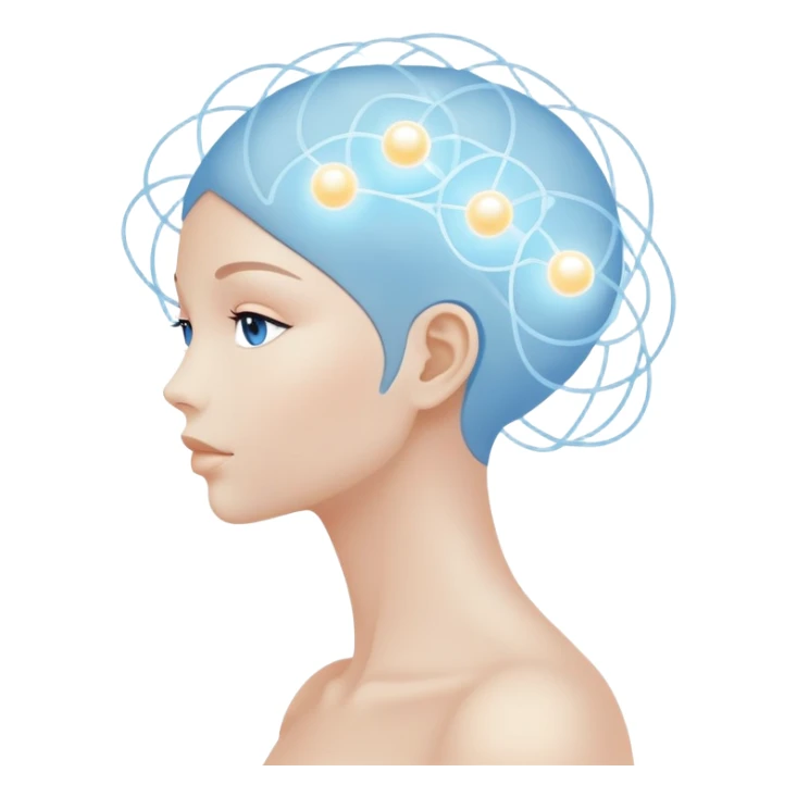 elegant human silhouette with delicate interconnected lines and floating orbs, luminous cores at head and heart, soft white-blue light sticker