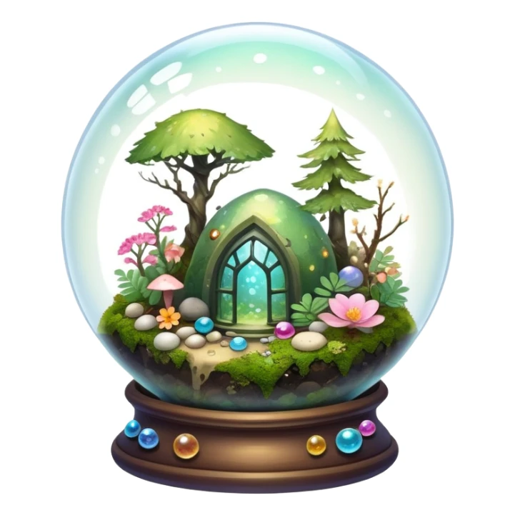 Sparkly shiny iridescent Mystical woodland glass-dome-terrarium-globe with moss inside, with marbles, with pebbles, crystals, with bones inside, and flowers inside  sticker