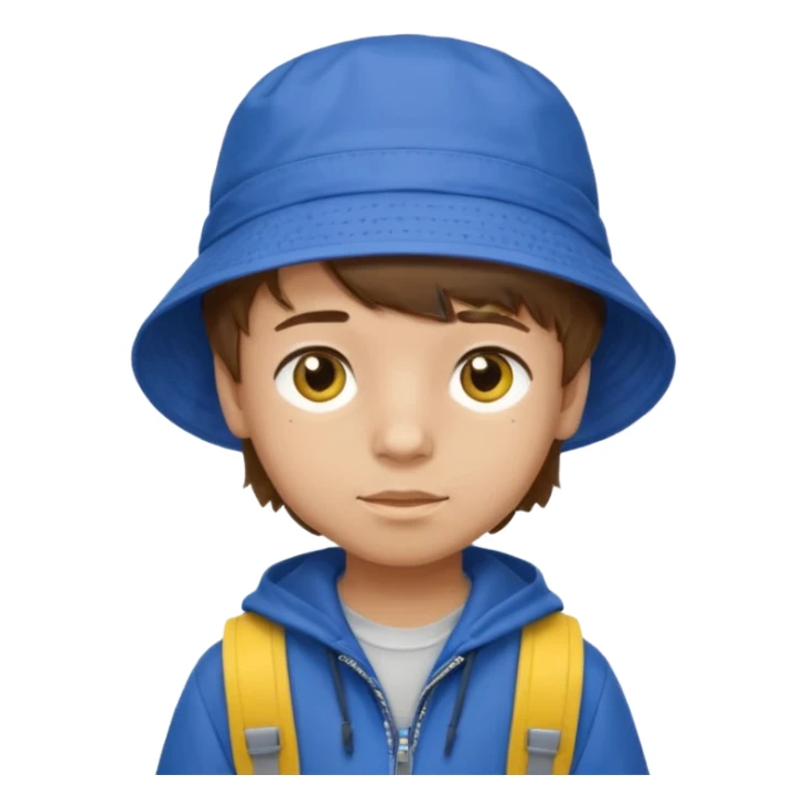 Little student, brown hair boy, wears blue bucket hat and jacket, yellow backpack, shy sticker