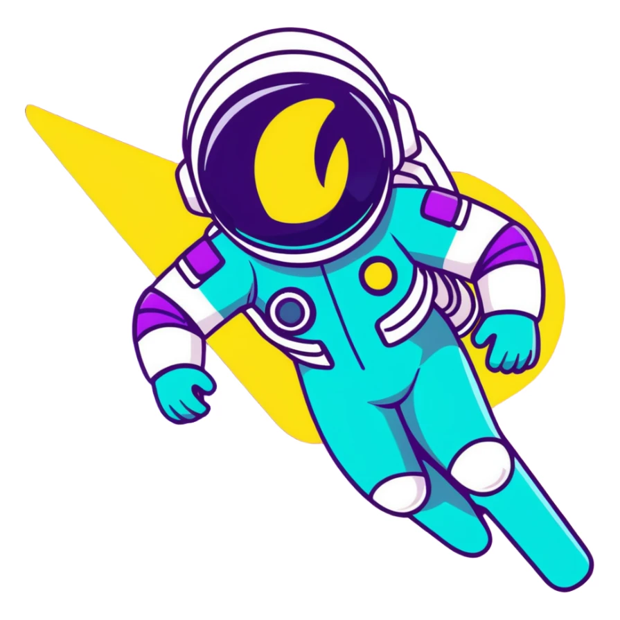 Stylized futuristic astronaut in mid-flight pose, sleek purple and neon teal suit, flat vector design, heroic silhouette, dynamic diagonal motion lines sticker