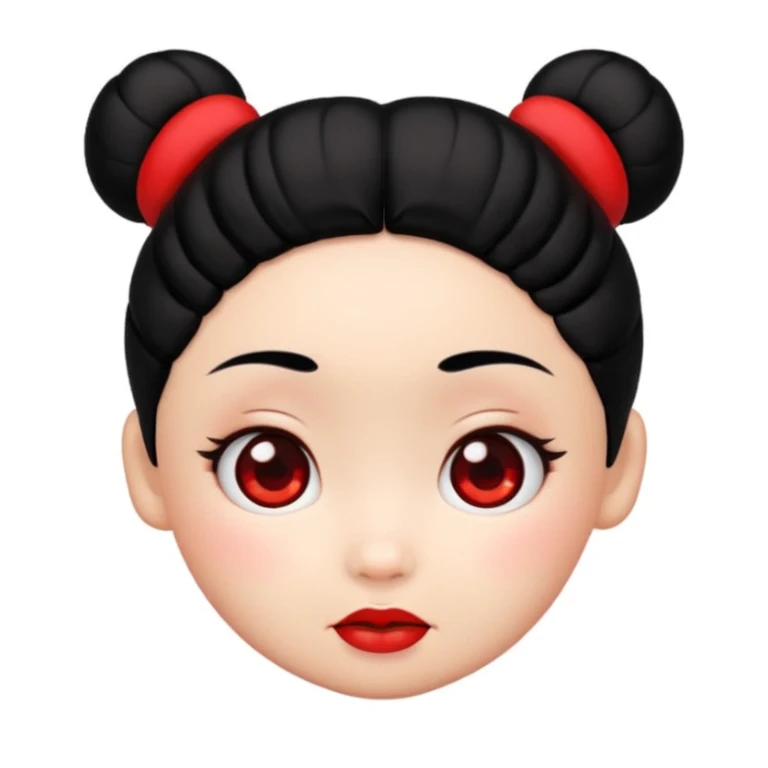 Pucca's cartoon face, apple-style emoji, cute expression, black hair buns, red accents, no body, no text sticker