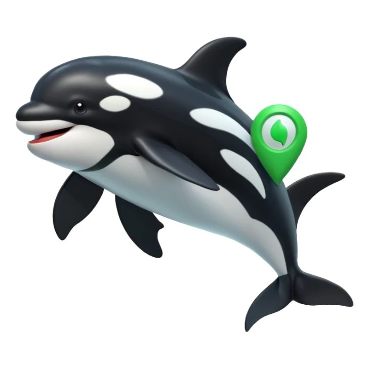 3d Cartoon orca with a green tick icon next to it sticker