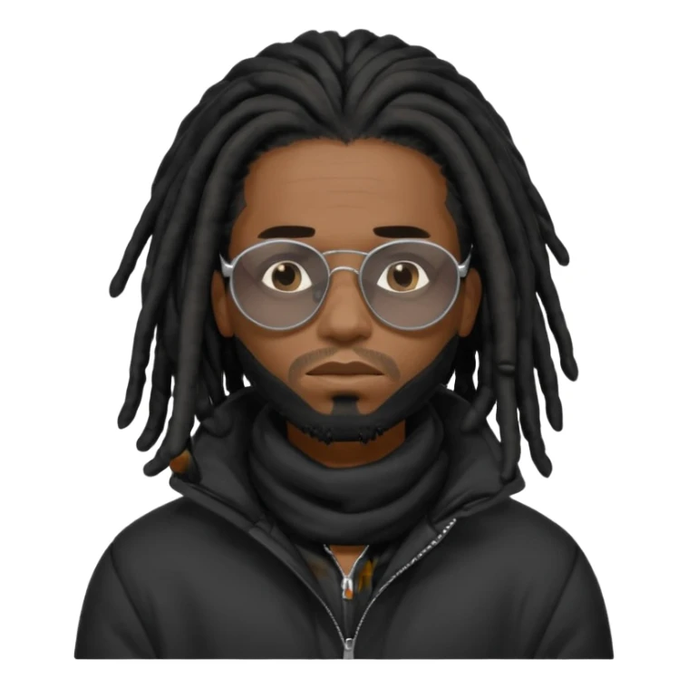 African American man brown skin complexion with black dreadlocks shoulder length wearing black bubble winter coat wearing black sunglasses with right hand on face covering sad face sticker