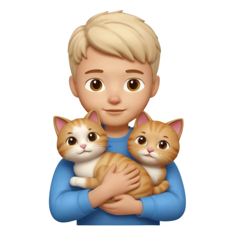 "Apple Memoji style 3D character, a young man person gently petting and hugging a cute fluffy cat, peaceful and happy facial expressions, soft studio lighting, clean 3D clay render, vibrant colors, minimalist aesthetic, high detail, high resolution, isolated on a plain white background." sticker