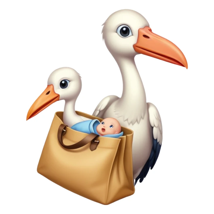 stork holding a bag with a human baby peeking out sticker