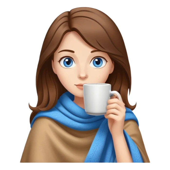 Brown hair with blue eyes lady wearing light brown blanket drinking coffee  sticker