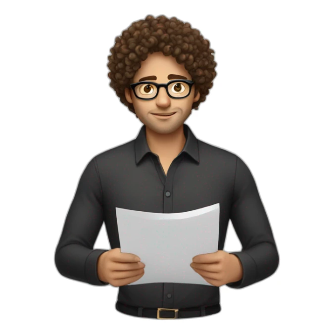 Attractive brown curly hair men with round black glasses writing down a note sticker