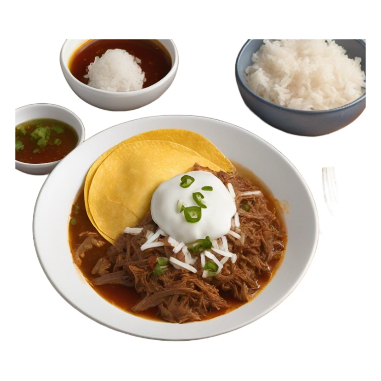 Cheesy shredded beef Birria tacos on a white plate with consome and rice on the side sticker